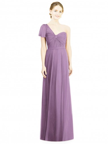 Desconto Lavanda Escura Linha A Um Ombro Mangas Esvoaçantes Comprimento Chão Vestidos de Madrinha