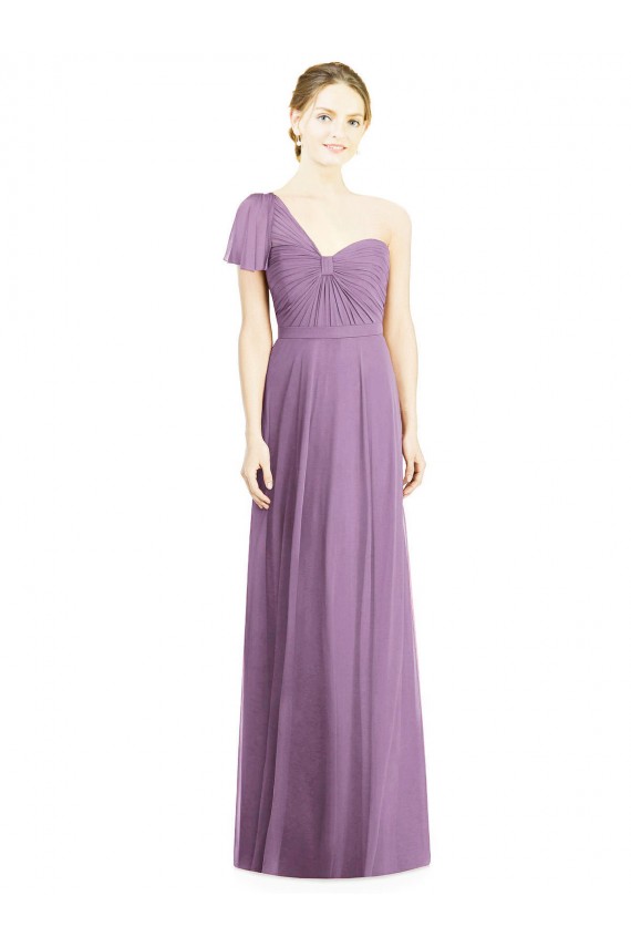 Desconto Lavanda Escura Linha A Um Ombro Mangas Esvoaçantes Comprimento Chão Vestidos de Madrinha
