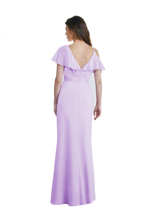 Desconto Lilás Linha A Decote V Ombro Frio Comprimento Chão Vestidos de Madrinha