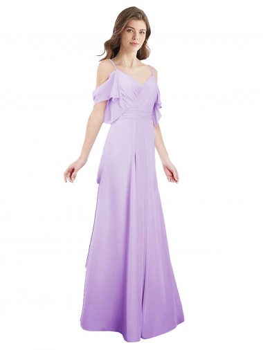Desconto Lilás Linha A Fora do Ombro Ombro Frio Comprimento Chão Vestidos de Madrinha