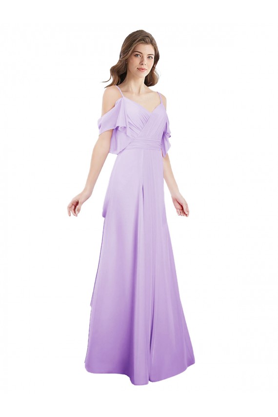 Desconto Lilás Linha A Fora do Ombro Ombro Frio Comprimento Chão Vestidos de Madrinha