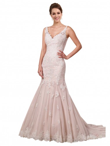 Desconto Marfim & Blush Sereia Decote V Sem Mangas Comboio Capela Vestidos de Noiva