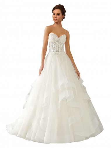 Desconto Marfim Vestido de Baile Amor Sem Mangas Comboio Capela Longo Cetim & Tule & Renda Vestidos de Noiva