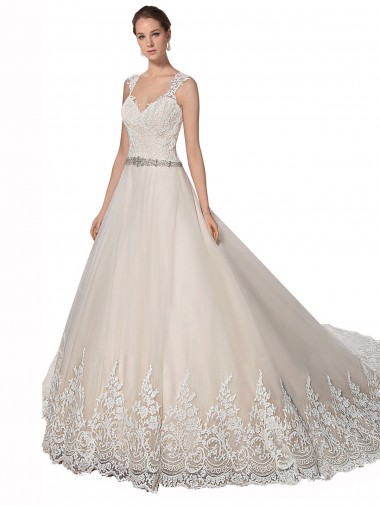 Desconto Marfim & Champanhe Linha A Amor Sem Mangas Comboio Capela Tule & Renda Vestidos de Noiva