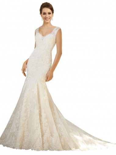 Desconto Marfim & Champanhe Sereia Decote V Sem Mangas Comboio Capela Tule & Renda Vestidos de Noiva