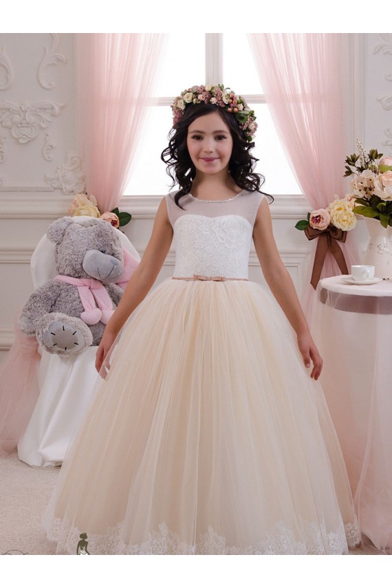 Desconto Marfim & Champanhe Vestido de Baile Amor Sem Mangas Comprimento Chão Vestidos para Meninas de Flores