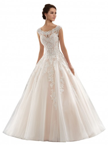 Desconto Marfim & Champanhe Vestido de Baile Barco Mangas Curtas Comboio Capela Vestidos de Noiva