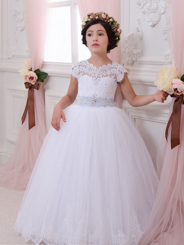Desconto Marfim Vestido de Baile Amor Mangas Curtas Comboio Capela Vestidos para Meninas de Flores