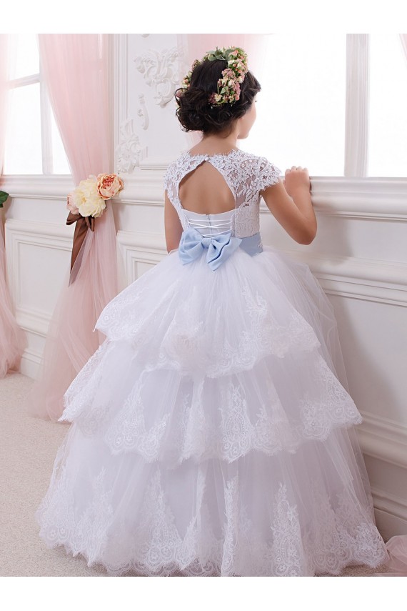 Desconto Marfim Vestido de Baile Amor Mangas Curtas Comboio Capela Vestidos para Meninas de Flores
