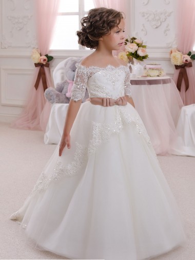 Desconto Marfim Vestido de Baile Decote Alto Mangas Curtas Comprimento Chão Vestidos para Meninas de Flores