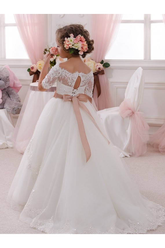 Desconto Marfim Vestido de Baile Decote Alto Mangas Curtas Comprimento Chão Vestidos para Meninas de Flores