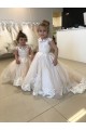Desconto Marfim Vestido de Baile Barco Sem Mangas Comboio Capela Vestidos para Meninas de Flores
