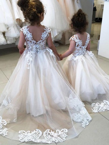 Desconto Marfim Vestido de Baile Barco Sem Mangas Comboio Capela Vestidos para Meninas de Flores