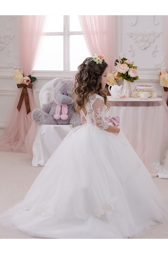 Desconto Marfim Vestido de Baile Barco Sem Mangas Comboio Capela Longo Vestidos para Meninas de Flores