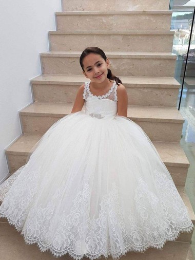 Desconto Marfim Vestido de Baile Decote Alto Sem Mangas Comprimento Chão Vestidos para Meninas de Flores