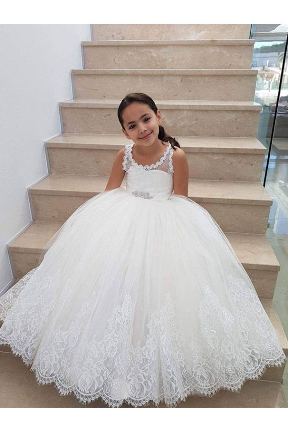 Desconto Marfim Vestido de Baile Decote Alto Sem Mangas Comprimento Chão Vestidos para Meninas de Flores