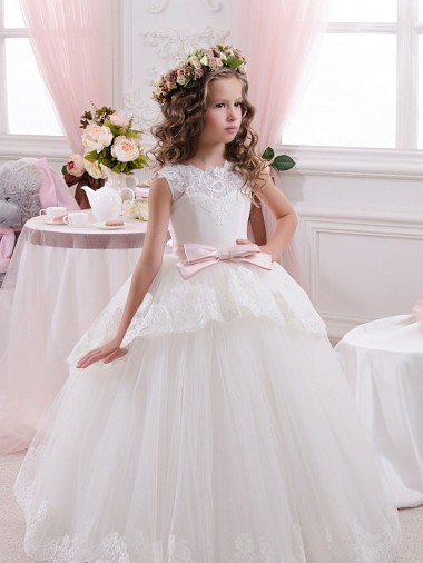 Desconto Marfim Vestido de Baile Amor Sem Mangas Comboio Capela Longo Vestidos para Meninas de Flores