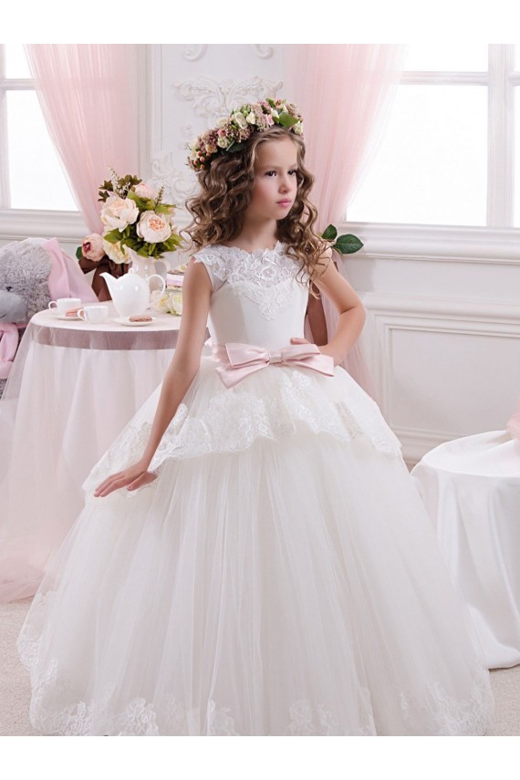 Desconto Marfim Vestido de Baile Amor Sem Mangas Comboio Capela Longo Vestidos para Meninas de Flores