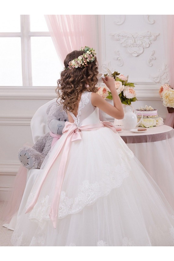 Desconto Marfim Vestido de Baile Amor Sem Mangas Comboio Capela Longo Vestidos para Meninas de Flores
