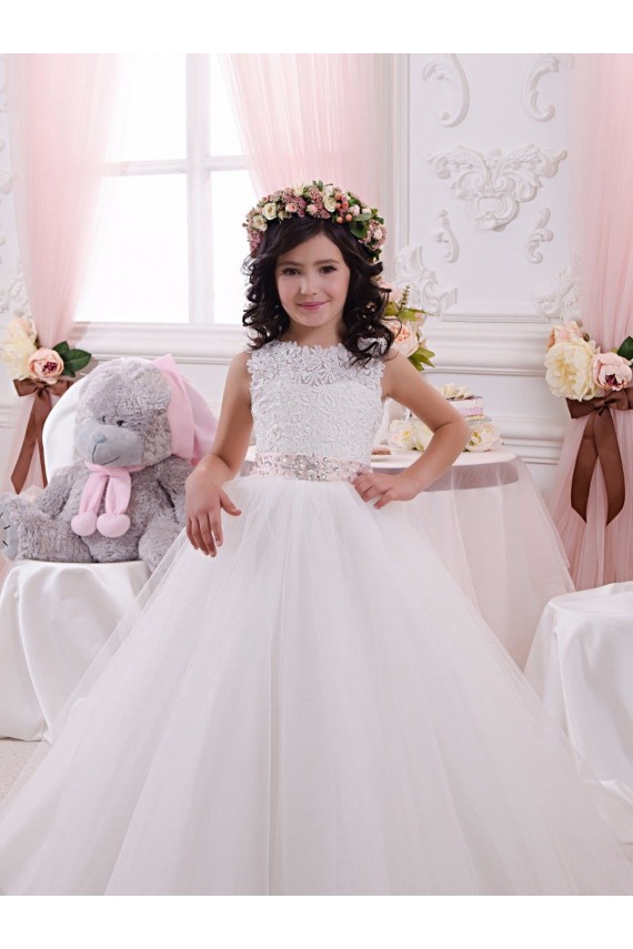 Desconto Marfim Vestido de Baile Barco Sem Mangas Comboio Capela Tule & Renda Vestidos para Meninas de Flores