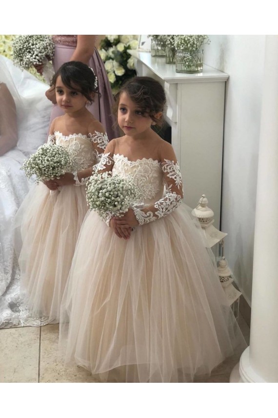 Desconto Marfim Vestido de Baile Amor Mangas Compridas Comboio Capela Vestidos para Meninas de Flores