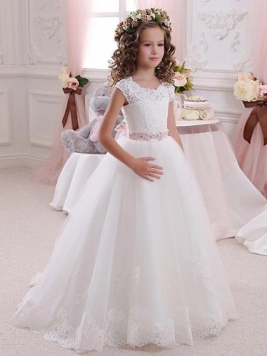 Desconto Marfim Vestido de Baile Decote Alto Mangas Curtas Comprimento Chão Longo Vestidos para Meninas de Flores