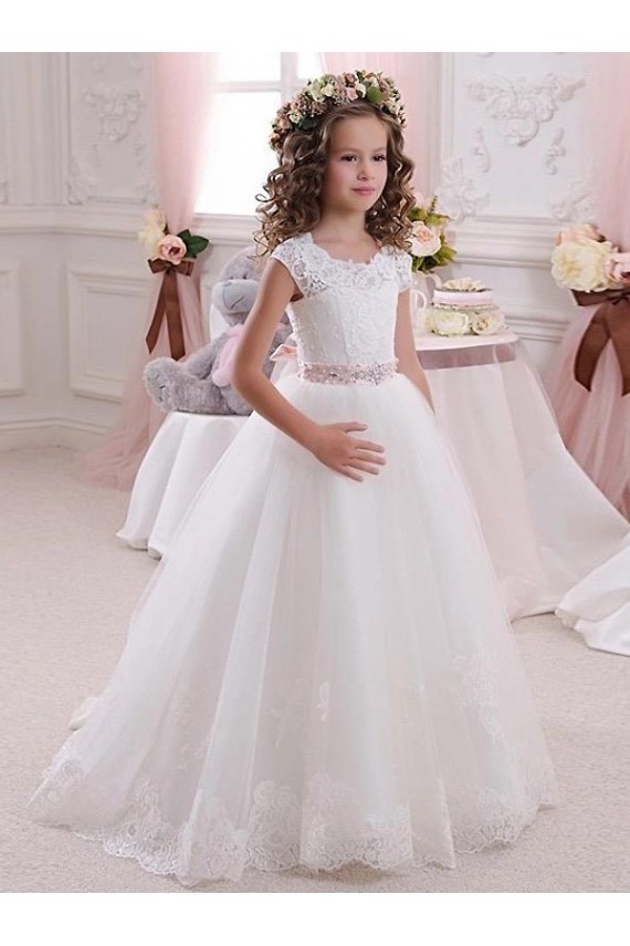 Desconto Marfim Vestido de Baile Decote Alto Mangas Curtas Comprimento Chão Longo Vestidos para Meninas de Flores