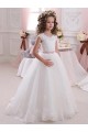 Desconto Marfim Vestido de Baile Decote Alto Mangas Curtas Comprimento Chão Longo Vestidos para Meninas de Flores