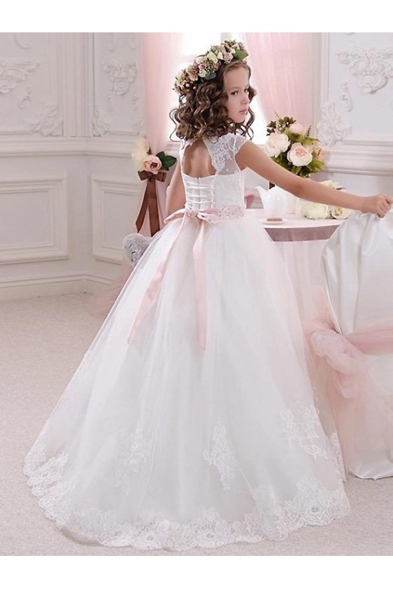 Desconto Marfim Vestido de Baile Decote Alto Mangas Curtas Comprimento Chão Longo Vestidos para Meninas de Flores