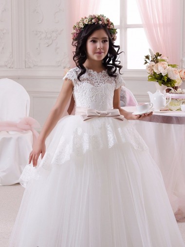 Desconto Marfim Vestido de Baile Amor Sem Mangas Comprimento Chão Tule & Renda Vestidos para Meninas de Flores