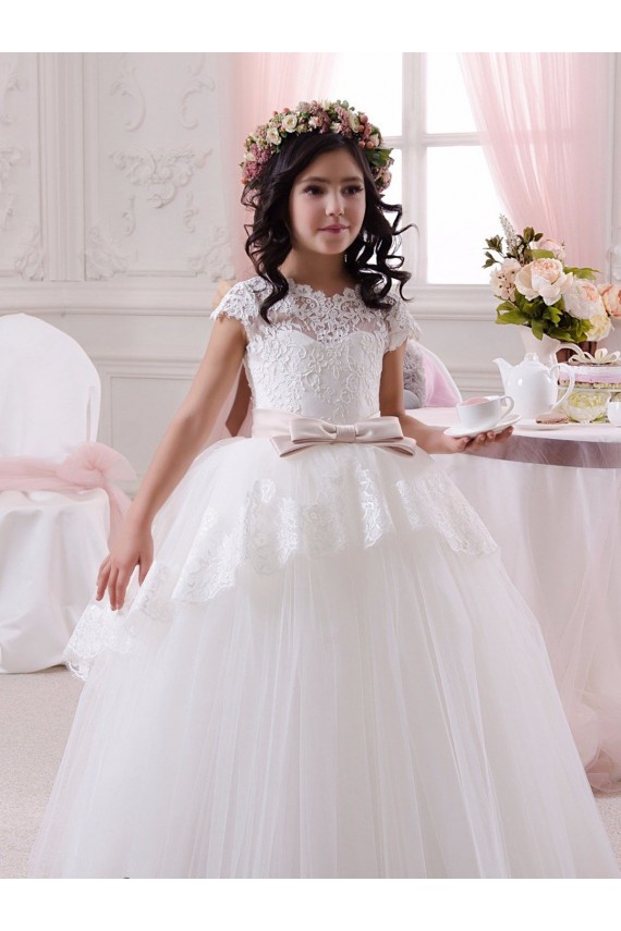 Desconto Marfim Vestido de Baile Amor Sem Mangas Comprimento Chão Tule & Renda Vestidos para Meninas de Flores