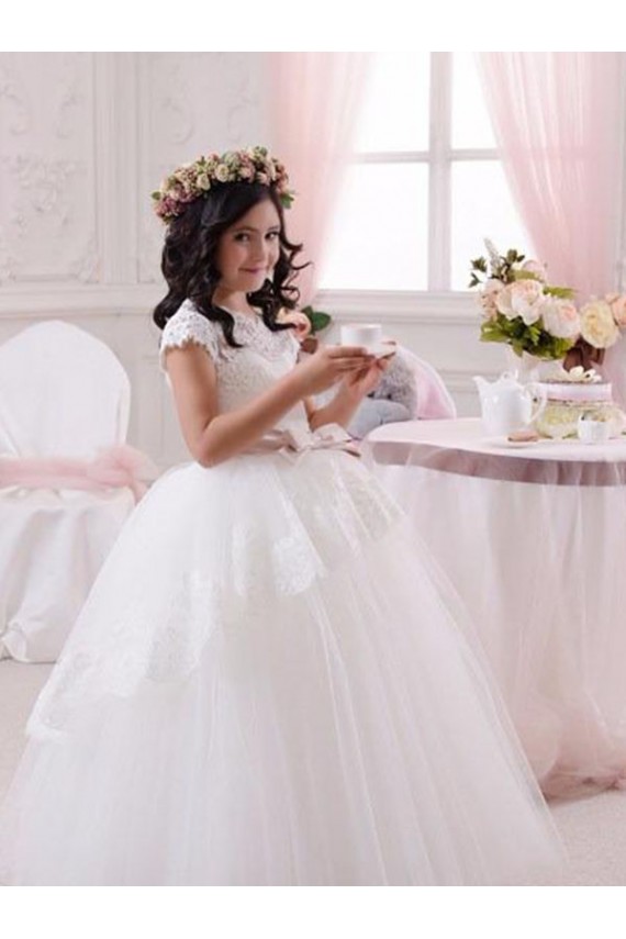Desconto Marfim Vestido de Baile Amor Sem Mangas Comprimento Chão Tule & Renda Vestidos para Meninas de Flores