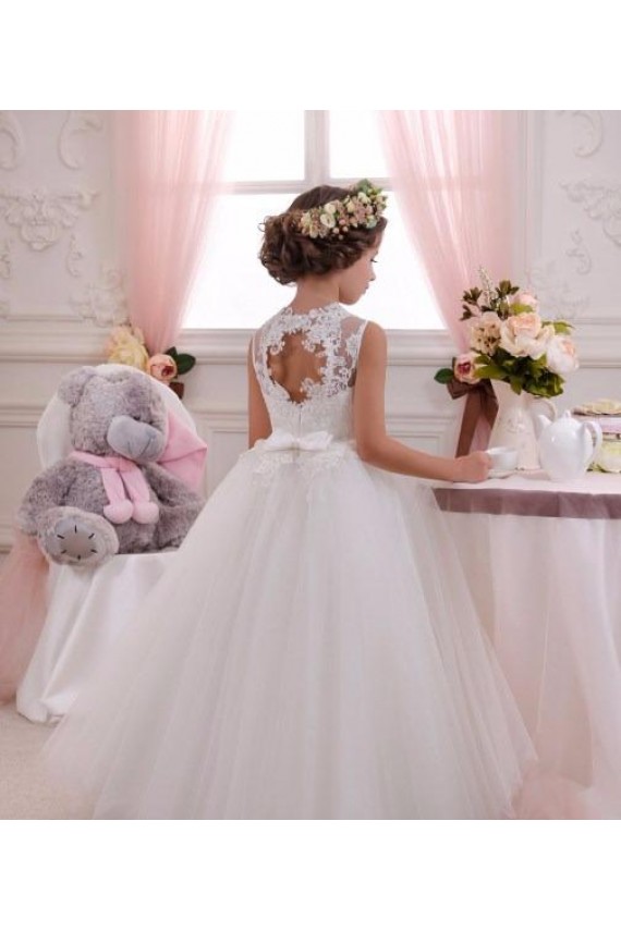 Desconto Marfim Vestido de Baile Decote Alto Sem Mangas Comprimento Chão Vestido para Meninas de Flores