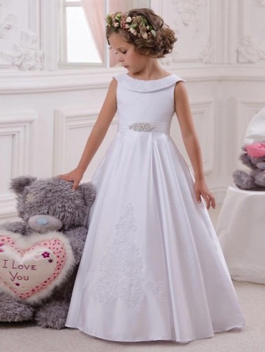 Desconto Marfim Vestido de Baile Barco Sem Mangas Comprimento Chão Vestidos para Meninas de Flores