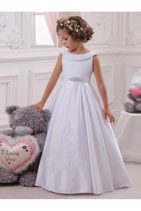 Desconto Marfim Vestido de Baile Barco Sem Mangas Comprimento Chão Vestidos para Meninas de Flores
