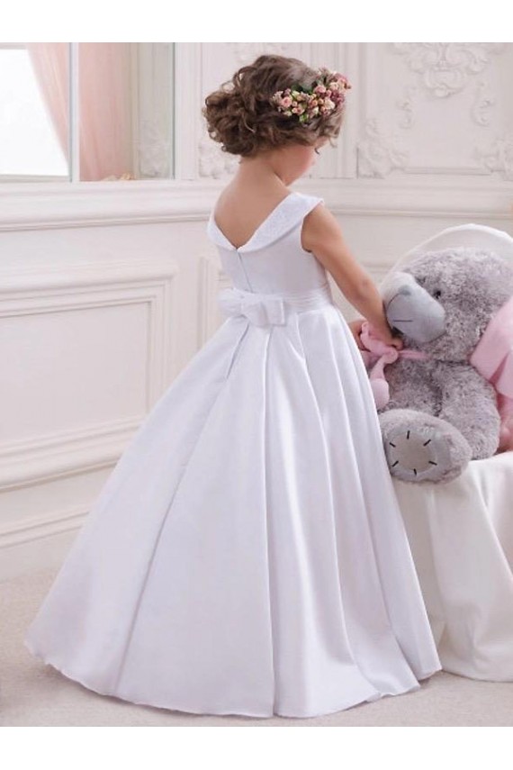 Desconto Marfim Vestido de Baile Barco Sem Mangas Comprimento Chão Vestidos para Meninas de Flores