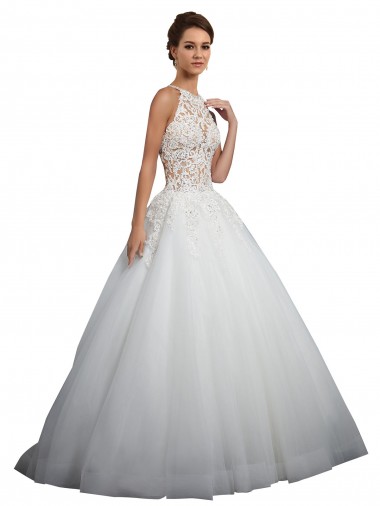 Desconto Marfim Vestido de Baile Decote Alto Sem Mangas Comboio Capela Vestidos de Noiva