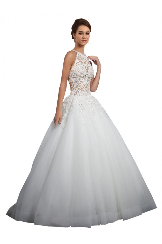Desconto Marfim Vestido de Baile Decote Alto Sem Mangas Comboio Capela Vestidos de Noiva