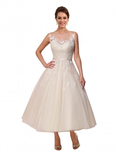 Desconto Marfim Vestido de Baile Decote Ilusão Sem Mangas Comprimento Chá Vestidos de Noiva