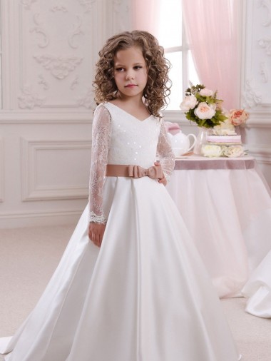 Desconto Marfim Vestido de Baile Decote V Mangas Compridas Comboio Capela Vestidos para Meninas de Flores