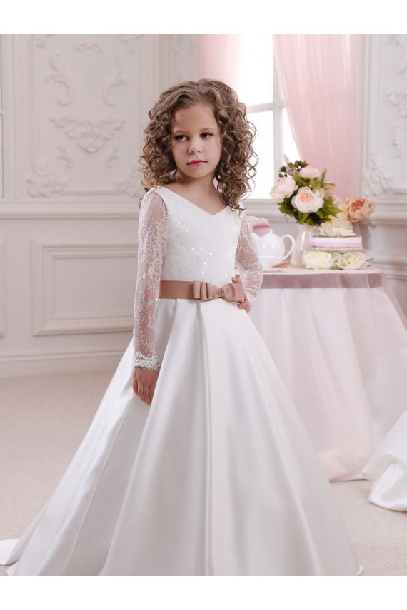 Desconto Marfim Vestido de Baile Decote V Mangas Compridas Comboio Capela Vestidos para Meninas de Flores