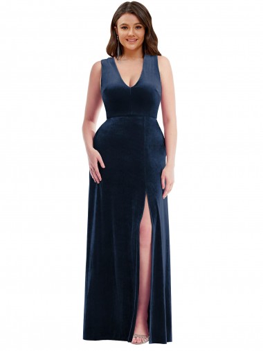 Desconto Marinha Negra Bainha Decote V Sem Mangas Comprimento Chão Vestidos de Madrinha / Vestidos de Noite / Vestidos de Festa