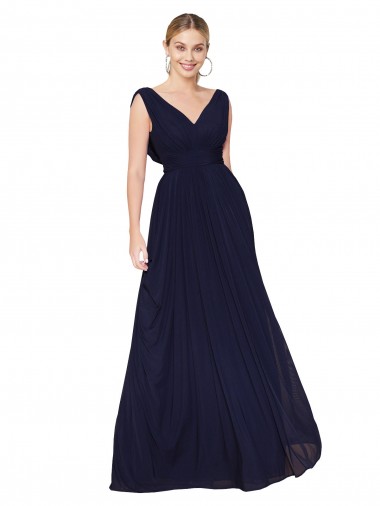 Desconto Marinha Negra Linha A Decote V Sem Mangas Comprimento Chão Chiffon Vestidos de Madrinha / Vestidos de Noite / Vestidos de Festa