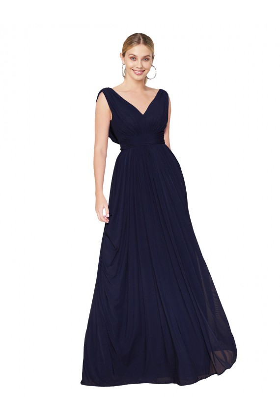 Desconto Marinha Negra Linha A Decote V Sem Mangas Comprimento Chão Chiffon Vestidos de Madrinha / Vestidos de Noite / Vestidos de Festa