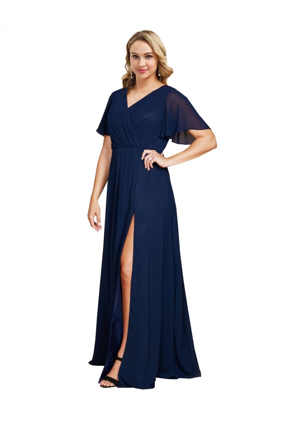 Desconto Marinha Negra Linha A Decote V Mangas Esvoaçantes, Mangas Curtas Comprimento Chão Vestidos de Madrinha / Vestidos de Noite / Vestidos de Festa