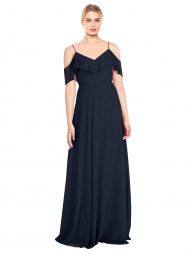 Desconto Marinha Negra Linha A Fora do Ombro Sem Mangas Comprimento Chão Vestido de Madrinha / Vestido de Noite