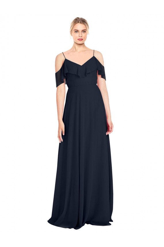 Desconto Marinha Negra Linha A Fora do Ombro Sem Mangas Comprimento Chão Vestido de Madrinha / Vestido de Noite