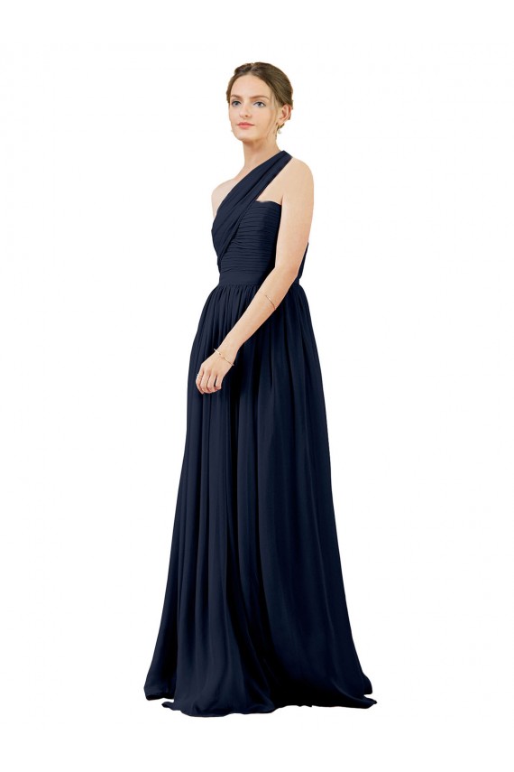 Desconto Marinha Negra Linha A Um Ombro Sem Mangas Comprimento Chão Vestido de Noite / Vestidos de Madrinha