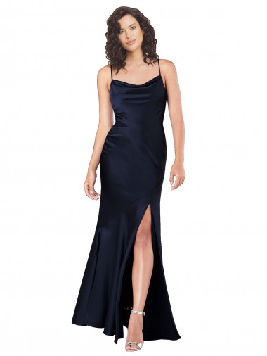 Desconto Marinha Negra Linha A Decote Capuz Sem Mangas Comprimento Chão Cetim Sedoso Vestidos de Madrinha / Vestidos de Noite / Vestidos de Festa