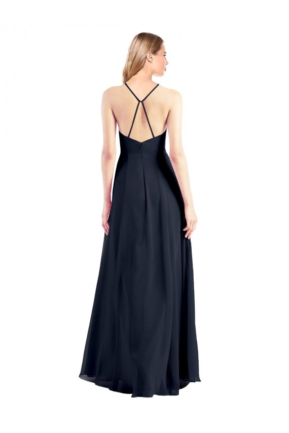 Desconto Marinha Negra Linha A Decote V Sem Mangas Comprimento Chão Longo Vestidos de Madrinha / Vestidos de Festa